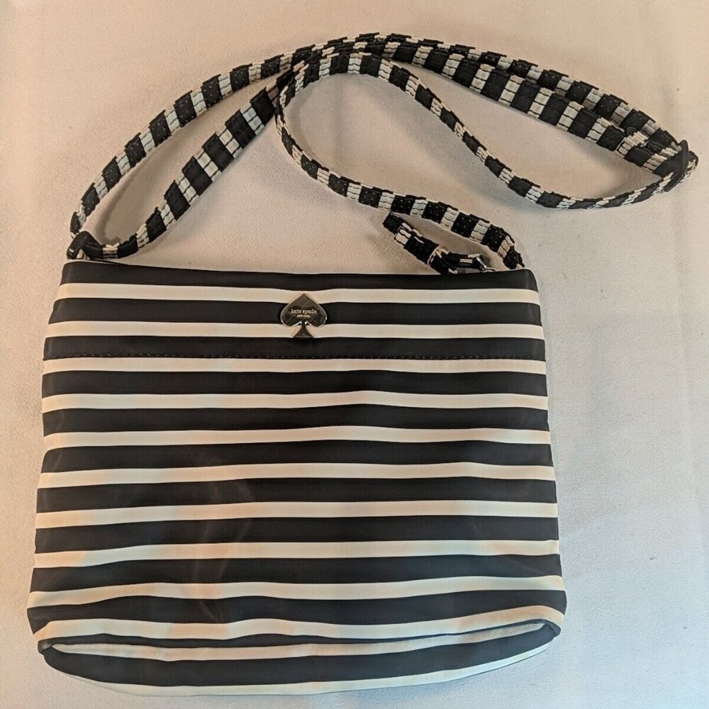 Kate Spade Flatiron Cammy Striped Nylon Shoulder Bag Purse Black White Crossbody